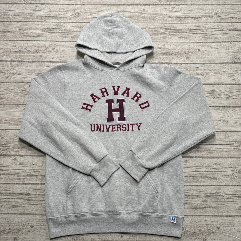 Vintage 90s Russell Athletic Harvard Hoodie Men's M Gray Fleece Lined Varsity